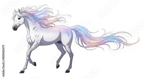 Elegant White Horse with Rainbow Mane and Tail.