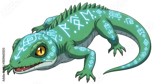 Enchanted Green Lizard with Runes Illustration.