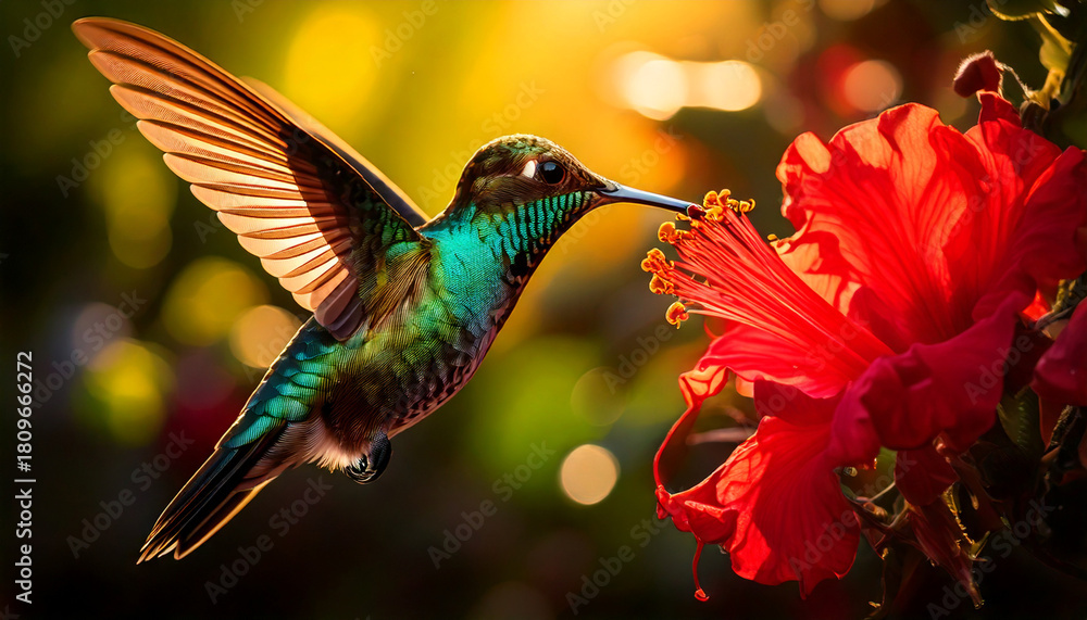 Obraz premium Macro photo iridescent emerald hummingbird hovering next to colorful flower. Generative AI.