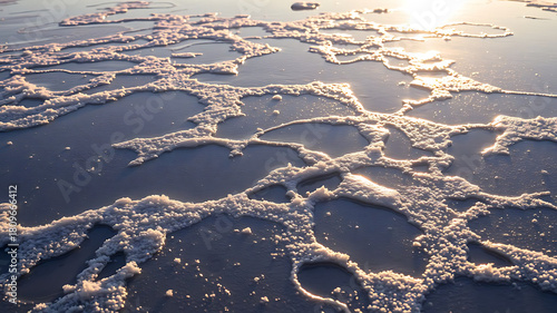 Frozen water surface glowing with morning light
