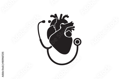 Cardiology medical silhouette symbol with heart and doctor instrument