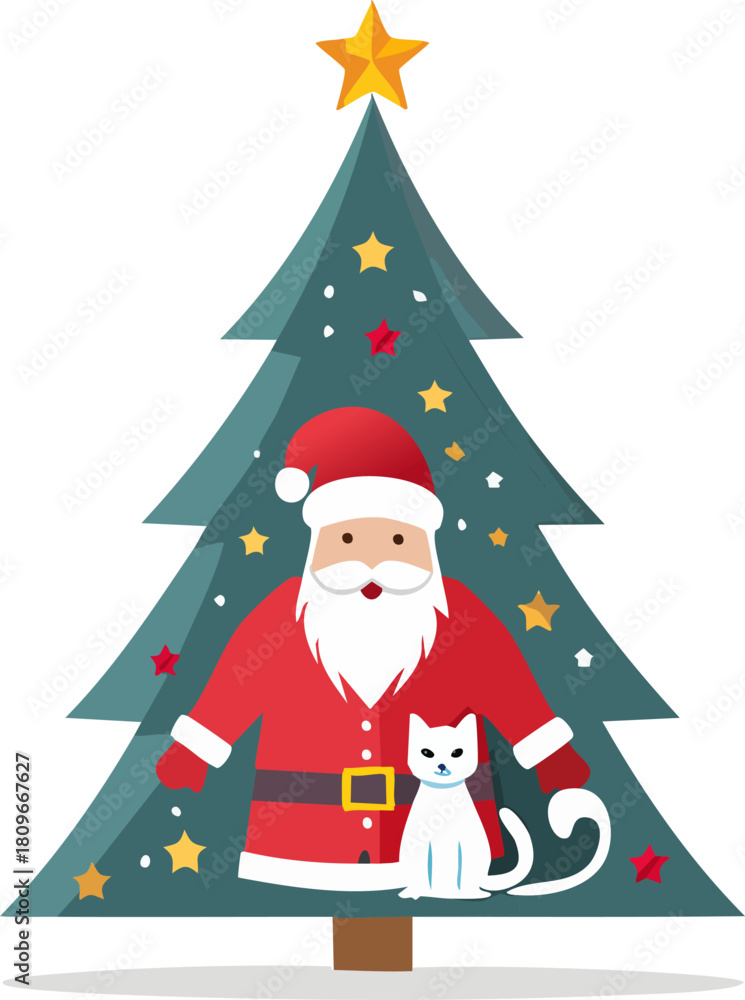 Fototapeta premium Modern Flat Vector Christmas Tree and Santa Illustration