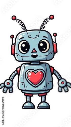 Animated robot character with heart emblem wiggling antennae, perfect for kids' content, tech, or educational videos with a fun, friendly vibe