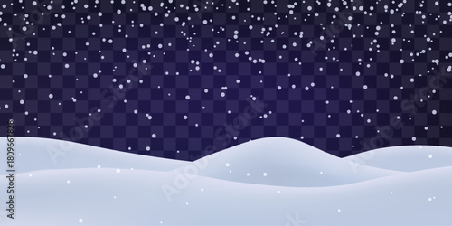 Night snow falling on snowdrifts, snowflakes and blizzard. Snow landscape decoration, frozen hills isolated on png. Vector heavy snowfall with snowbanks field. Christmas vector illustration.