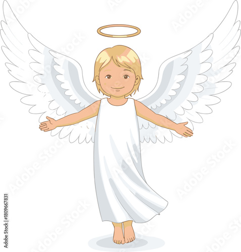 Cartoon angel with blonde hair, white robe, golden halo, and wings in welcoming pose on white background