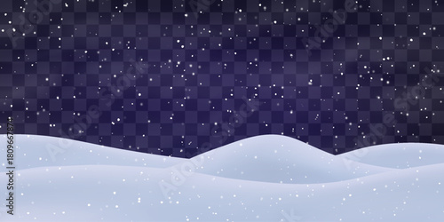Night snow falling on snowdrifts, snowflakes and blizzard. Snow landscape decoration, frozen hills isolated on png. Vector heavy snowfall with snowbanks field. Christmas vector illustration.