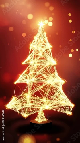 Abstract plexus forming a christmas tree with glowing golden lines and sparkling bokeh, vertical