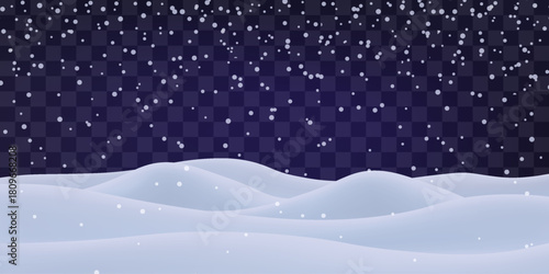 Night snow falling on snowdrifts, snowflakes and blizzard. Snow landscape decoration, frozen hills isolated on png. Vector heavy snowfall with snowbanks field. Christmas vector illustration.