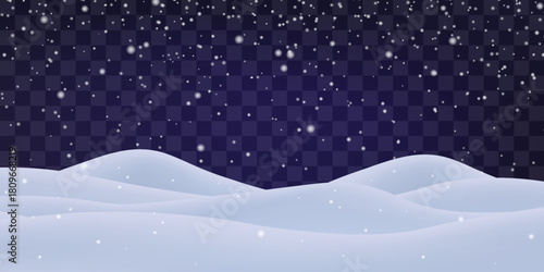 Night snow falling on snowdrifts, snowflakes and blizzard. Snow landscape decoration, frozen hills isolated on png. Vector heavy snowfall with snowbanks field. Christmas vector illustration.