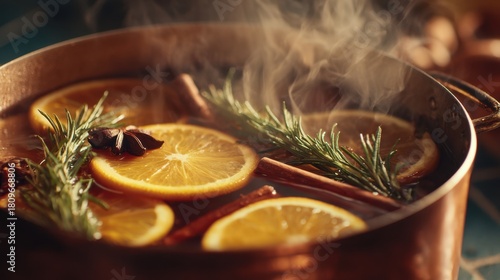 Aromatic mulled cider with orange, cinnamon, and herbs in copper pot