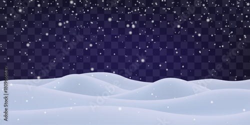 Night snow falling on snowdrifts, snowflakes and blizzard. Snow landscape decoration, frozen hills isolated on png. Vector heavy snowfall with snowbanks field. Christmas vector illustration.