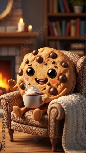 Cozy animated cookie character enjoying a relaxing moment with a warm drink by the fireplace creates a comforting and inviting atmosphere
