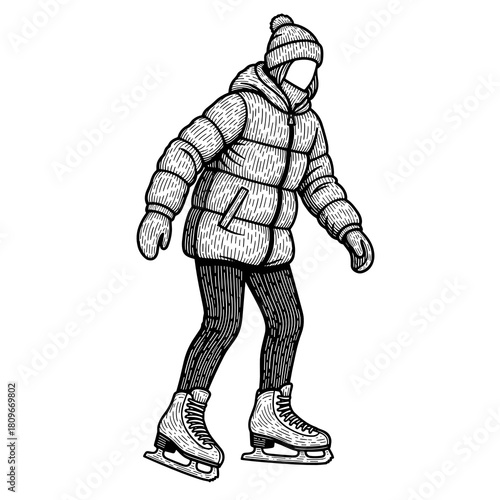 Person ice-skating in a puffer jacket with winter attire background  