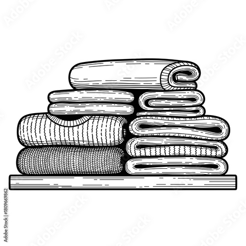 Neatly stacked sweaters on wooden shelf in minimalist style  