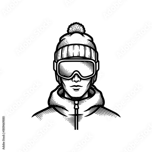 Skier wearing warm hat and goggles with serious expression  