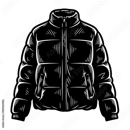 Sleek black puffer jacket front view in a minimalist style