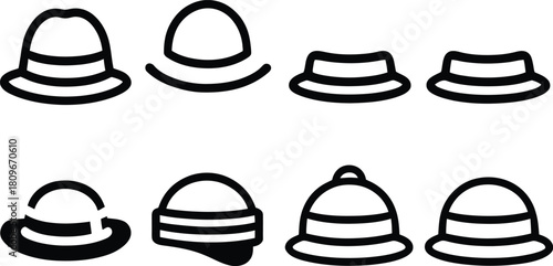 Sun Hat Icon Set Silhouette Vector Collection on a white background.
