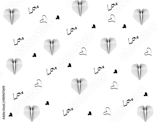 minimal love heart pattern on white background, seamless decorative heart text romantic design, elegant black and white love themed backdrop