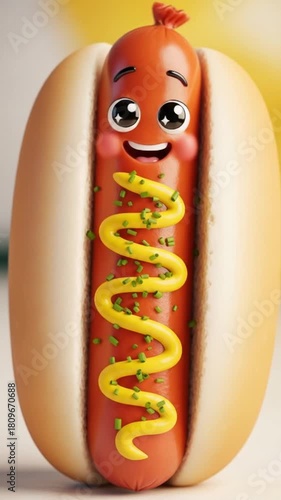 Playful hotdog character with mustard squiggle, perfect for kids menus and fun food promotions, bringing a smile to every bite with tasty delight
