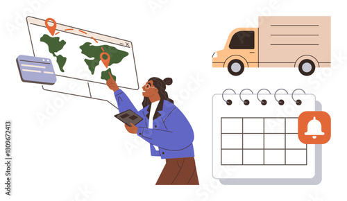 Person analyzing global map with marked locations, holding tablet. Truck indicates transportation, calendar with alert signifies scheduling. Ideal for logistics, planning, delivery, organization