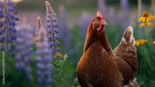 A hen standing among colorful wildflowers in a lush garden during golden hour with vibrant lighting and natural surroundings