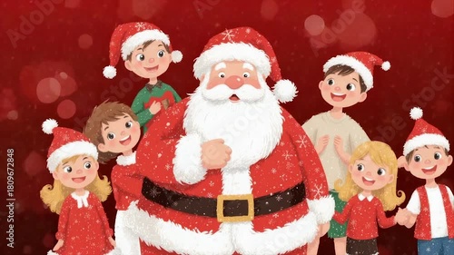 Colorful illustration of Santa surrounded by children, all festive in red hues