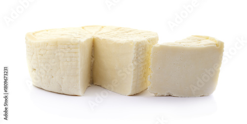 Round fresh cheese with cut slice.