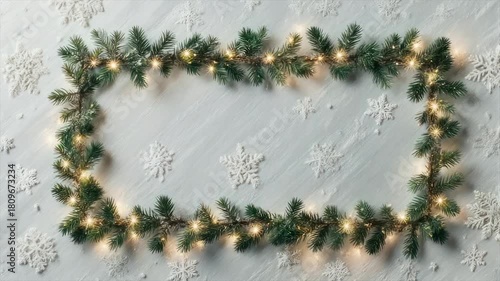 Festive composition of evergreen garland with lights, snowflakes on a textured white surface