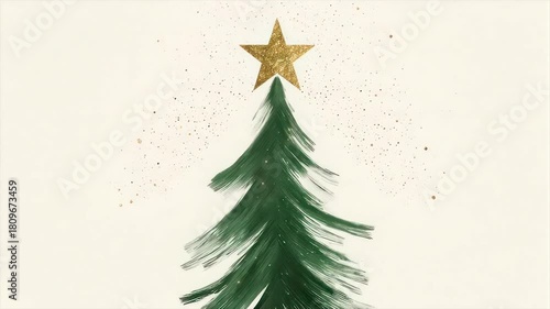 A minimalist Christmas tree painted with green strokes topped with a gold star, on a cream background