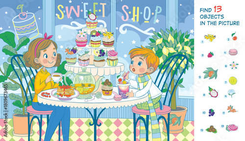 Hidden object puzzle. There's so much deliciousness around. Help the boy choose the most delicious cake. Vector illustration. Funny cartoon character