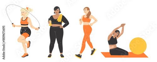 Set of women doing sports activities such as yoga, running, skipping and Pilates for healthy lifestyle