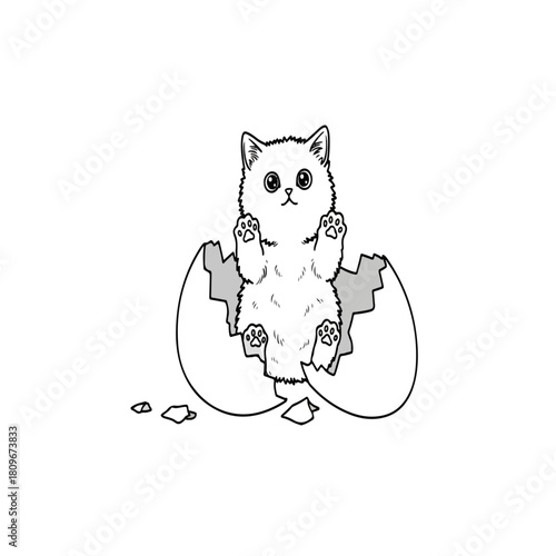 Cute fluffy kitten hatching from an egg.