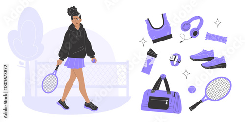 Tennis sports set with young woman playing tennis, active lifestyle and fitness concept