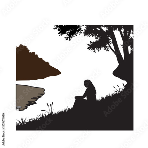 Silhouette of a person sitting by a river under a tree contemplating natures beauty.