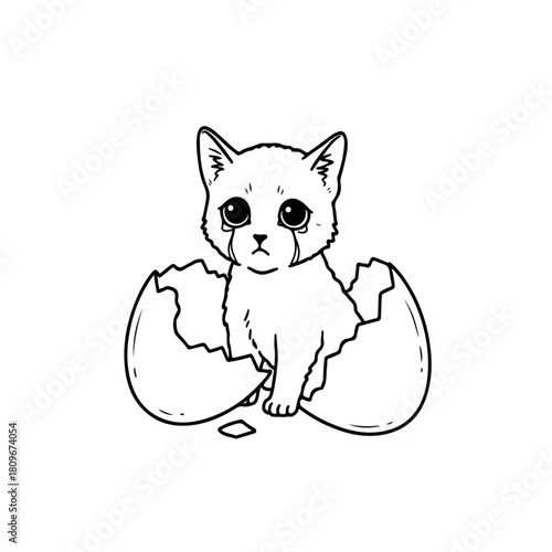 Sad kitten hatching from an egg.