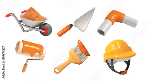 Construction Tools vector 3d icon set with Safety Helmet, Wheelbarrow and painting brush or roller