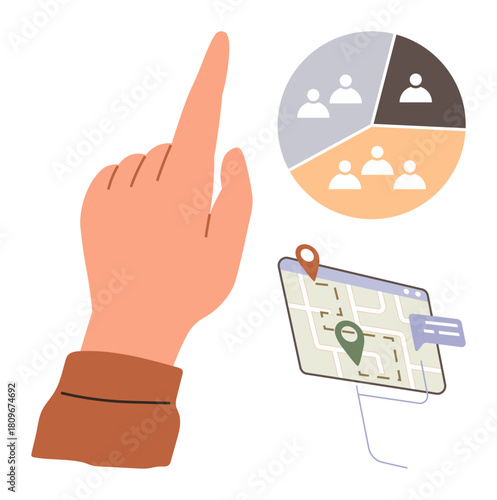 Hand gesture indicating group segmentation diagram with individuals and navigation map featuring markers and speech bubble. Ideal for teamwork, navigation, communication, targeting, data analysis