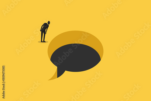Businessman looking down blank bubble talk or comment. Concept of career, promotion, communication, news, infographic. Copy space for ad