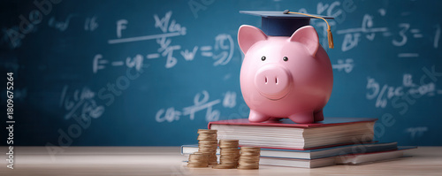 Piggy bank wearing graduation cap on books with coins stacks represents saving for education