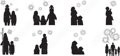 Family watching new year fireworks silhouettes Vector