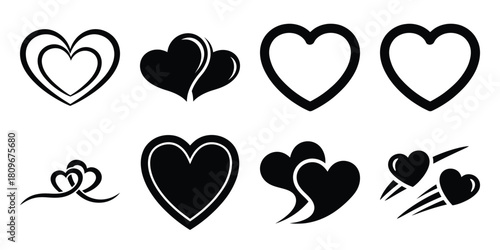 sweeping hearts Valentine's Day icon set silhouette style and isolated on white background Vector illustration