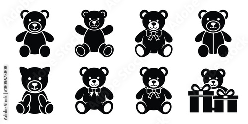 teddy gift Valentine's Day icon set silhouette style and isolated on white background Vector illustration