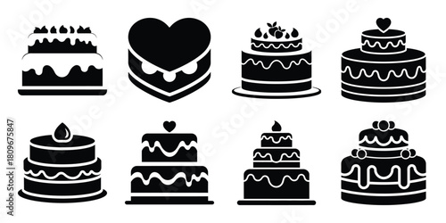 valentine cake Valentine's Day icon set silhouette style and isolated on white background Vector illustration