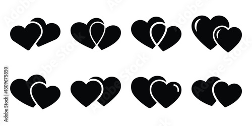 two hearts Valentine's Day icon set silhouette style and isolated on white background Vector illustration