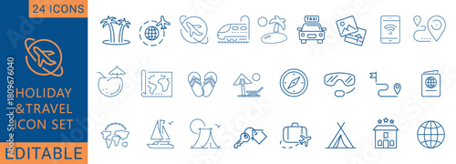 Holiday And Travel solid icon set. Contains symbols for Airplane, Passport, Hotel Building, and Vacation Schedule. Flat vector design for travel booking apps and tourism marketing.