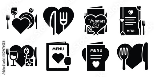 valentine menu Valentine's Day icon set silhouette style and isolated on white background Vector illustration