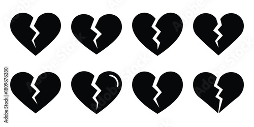 broken heart Valentine's Day icon set silhouette style and isolated on white background Vector illustration