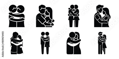 couple hug Valentine's Day icon set silhouette style and isolated on white background Vector illustration