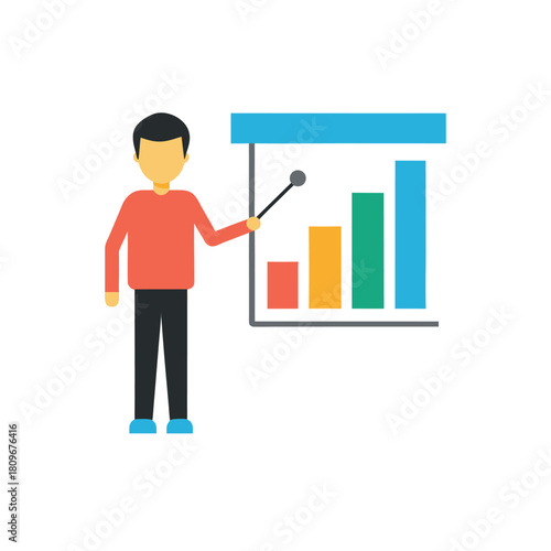 presenter pointing at simple bar chart on screen