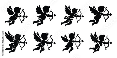 cupid fly Valentine's Day icon set silhouette style and isolated on white background Vector illustration
